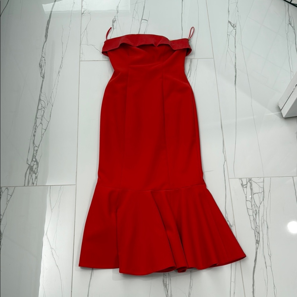 Cinq a Sept Red Ruffled Off-Shoulder Cocktail Dress